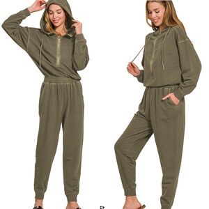 NEW Zenana Olive Green French Terry Cotton Hooded Jogger Jumpsuit Size Small